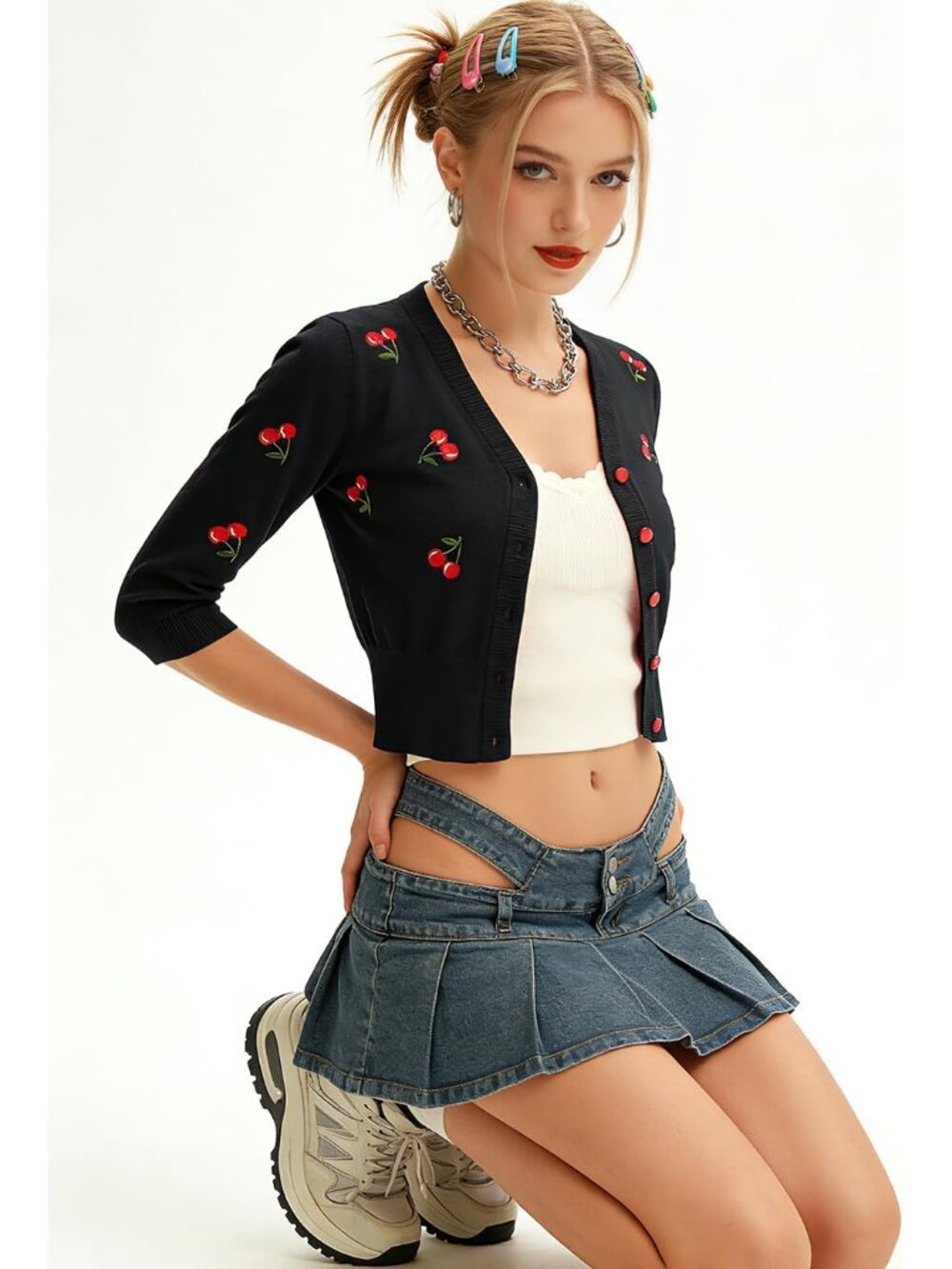 Women's 3/4 Sleeve V-Neck Button Down Cherries Embroidery Cropped Cardigan Sweat - Picture 3 of 7